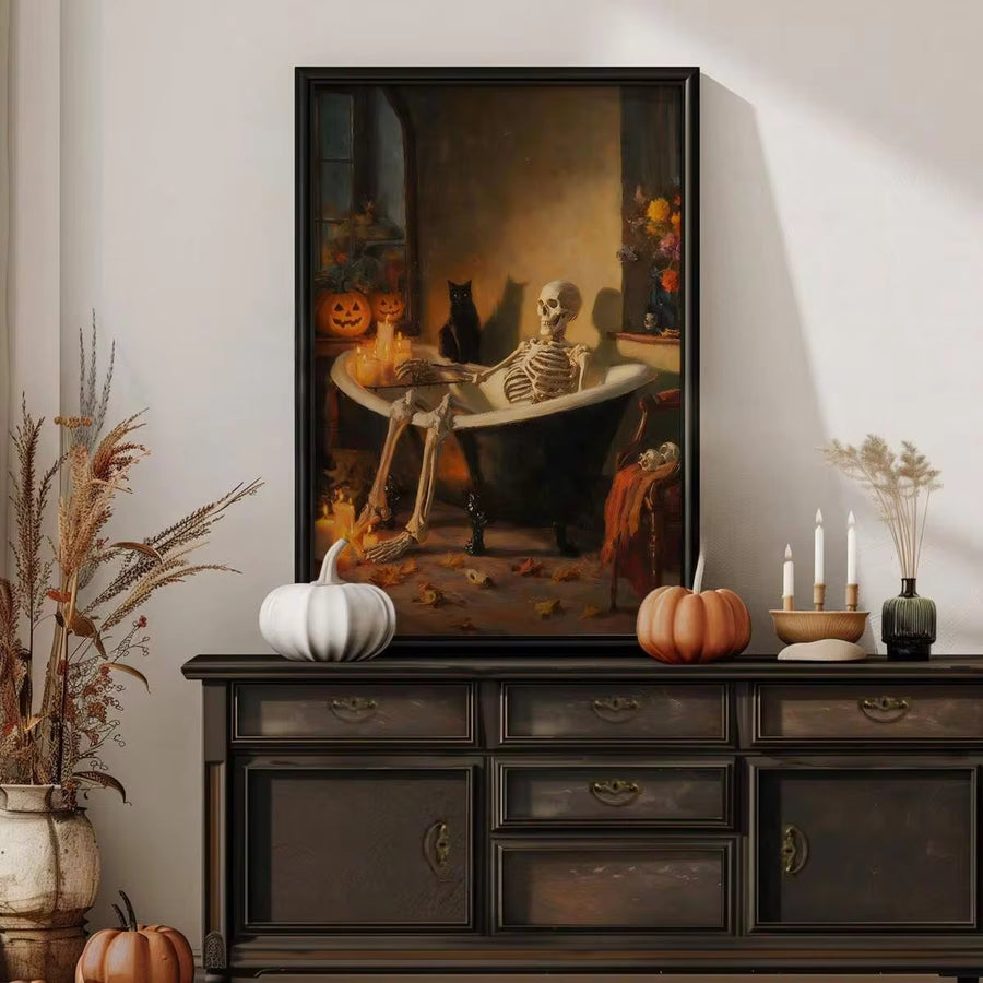 1pc Vintage Halloween Wall Art Picture Spooky Skeleton Bathtub Canvas Print Paintings|Spooky Season Wall Decor For Bedroom,Living Room Or Office Home Decor,Vintage Dark Academia Aesthetic Poster,Gift For Her,Unframed,Wooden Hanging Scroll Or Framed